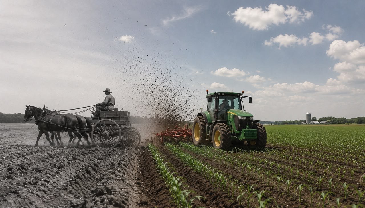Trabalho no campo: carroça de tração animal ao lado de trator moderno em lavoura.